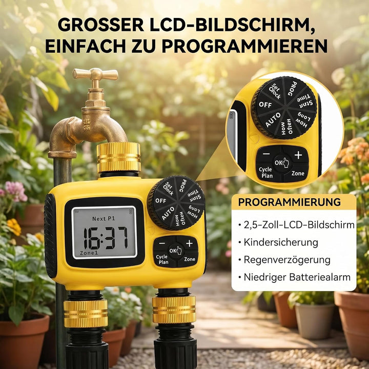 MQUPIN Bewässerungscomputer 2 Ausgänge, Messinganschlüsse | LCD Wasser Zeitschaltuhr IP55 mit Regenv