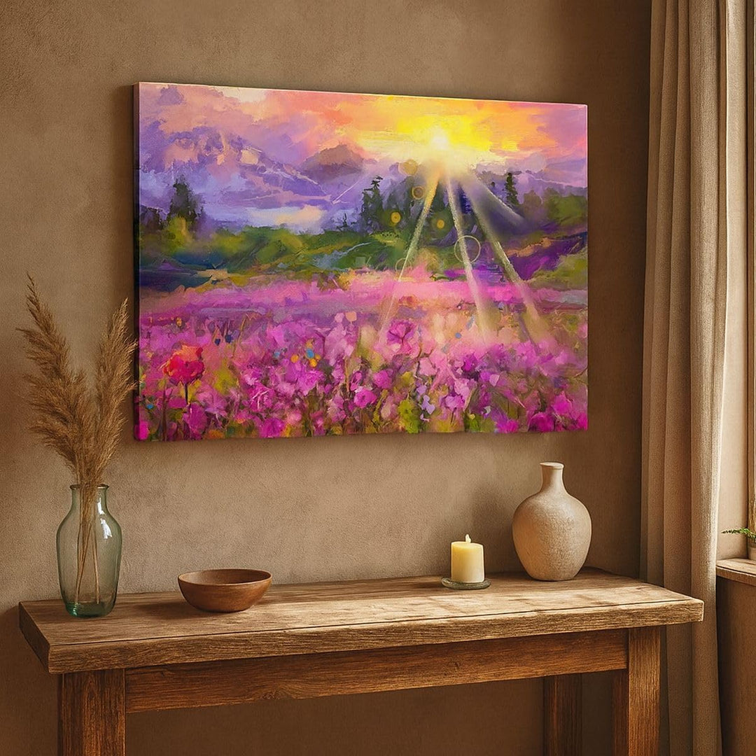 Bilder auf Leinwand 100x70cm Leinwandbild mit Rahmen Berge Blumen Blumen Gross Wanddeko Bild Schlafz