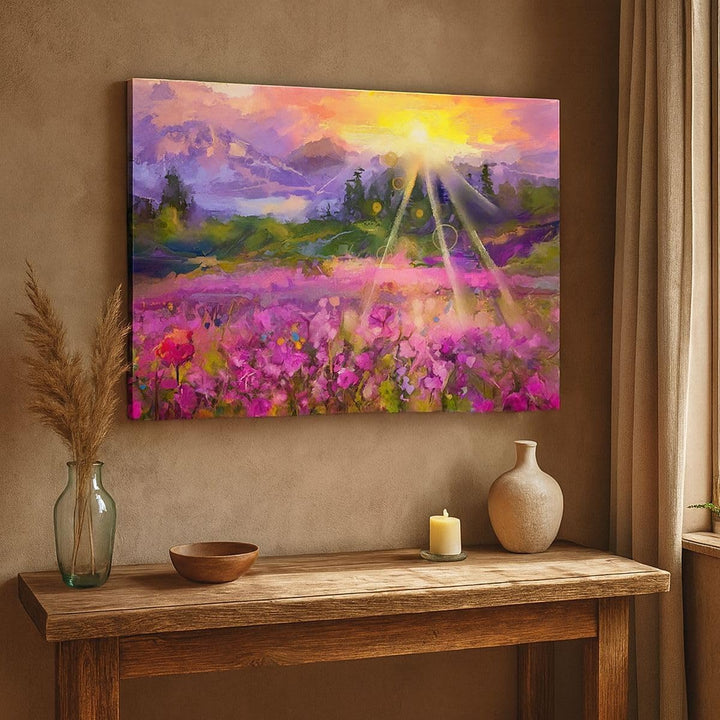 Bilder auf Leinwand Berge Blumen Blumen Leinwandbild mit Rahmen 70x50cm Wandbilder Dekoration Wohnzi