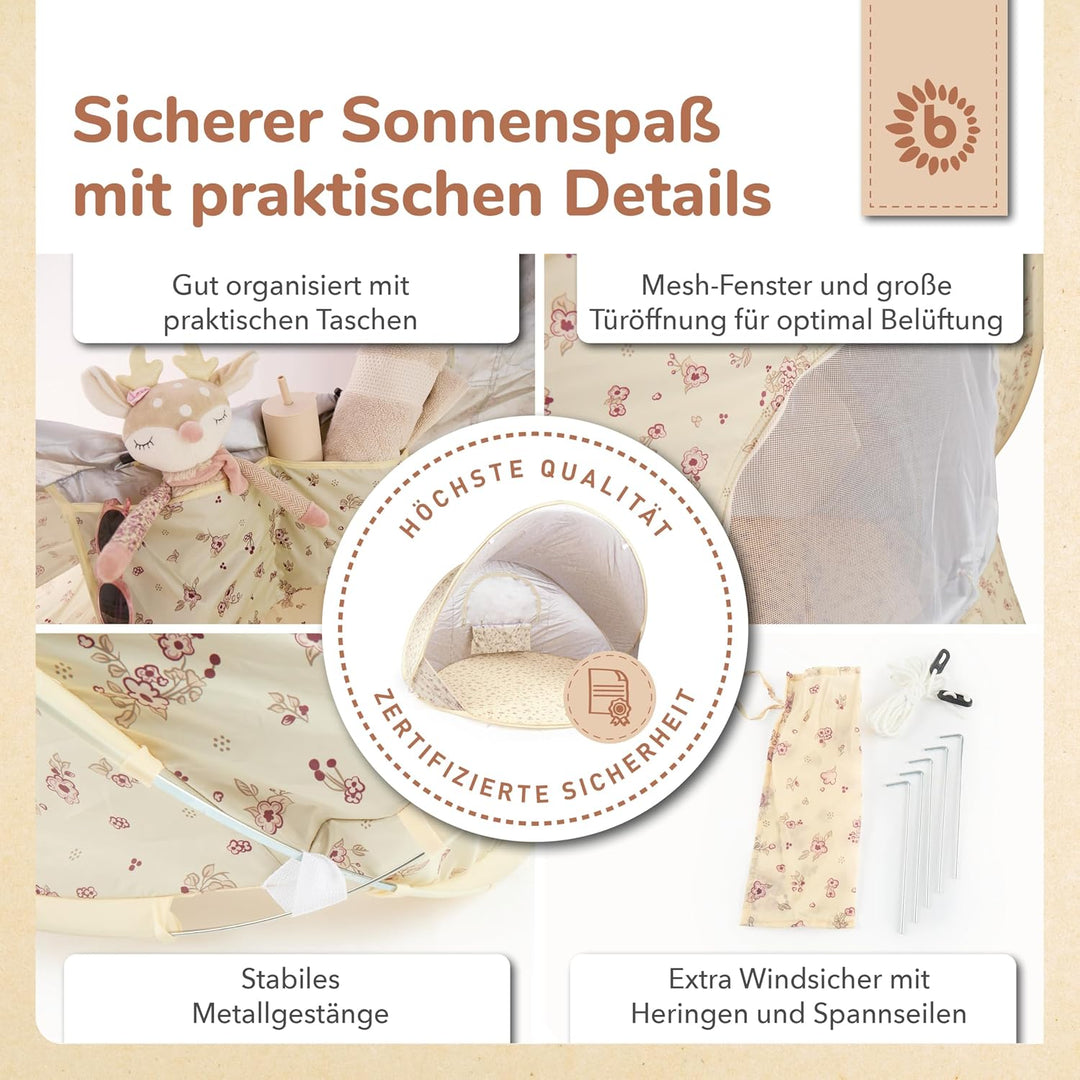 Bieco Ella Pop-up Strandmuschel Vintage Flowers | UV-Schutz 40+ | Strandmuschel Pop Up Baby Zubehör