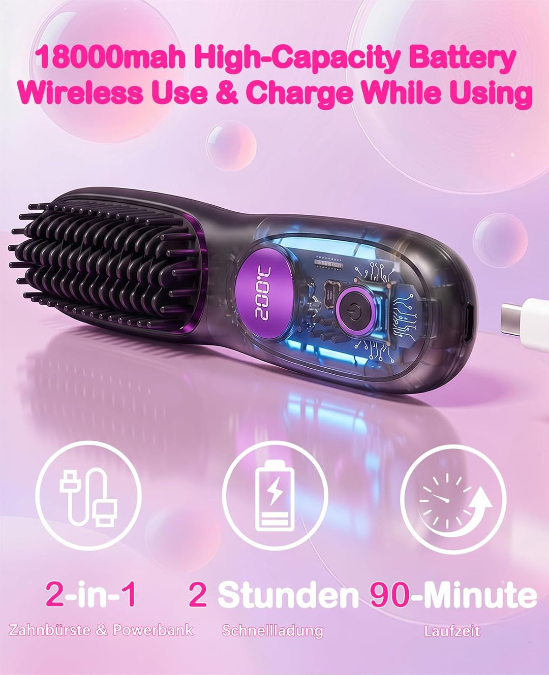 Stylingbürste für Kurze Haare, Glättbürste Kabellos, Wiederaufladbare Haarglätter Bürste mit LED-Anz