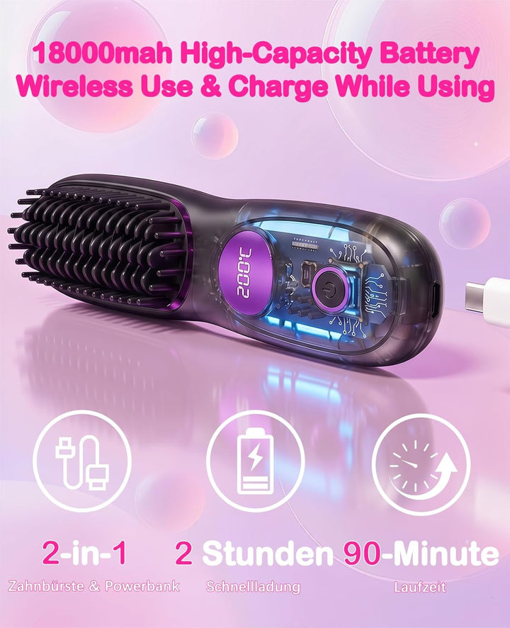 Stylingbürste für Kurze Haare, Glättbürste Kabellos, Wiederaufladbare Haarglätter Bürste mit LED-Anz