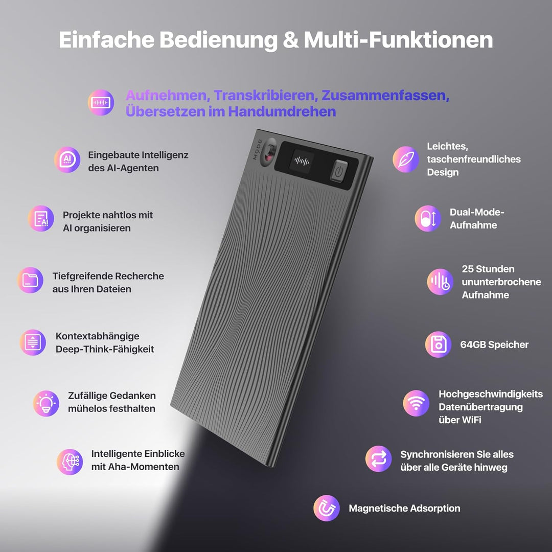 Mobvoi TicNote KI Digitales Diktiergerät, 64 GB Speicher, Notizrekorder mit Hülle, App-Steuerung, üb