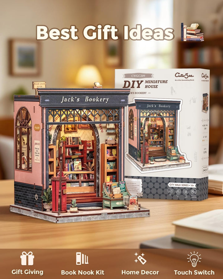 CUTEBEE Book Nook Kit - DIY Miniaturhaus Kit (Bücherregal-Szene), 3D Holzpuzzle Mini Haus Bausatz mi