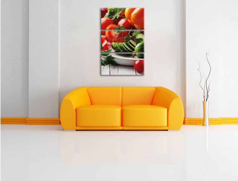 Pixxprint Obst Gurke Gemüse Salat Essen Tomate 3-Teiler Leinwandbild 120x80 Bild auf Leinwand