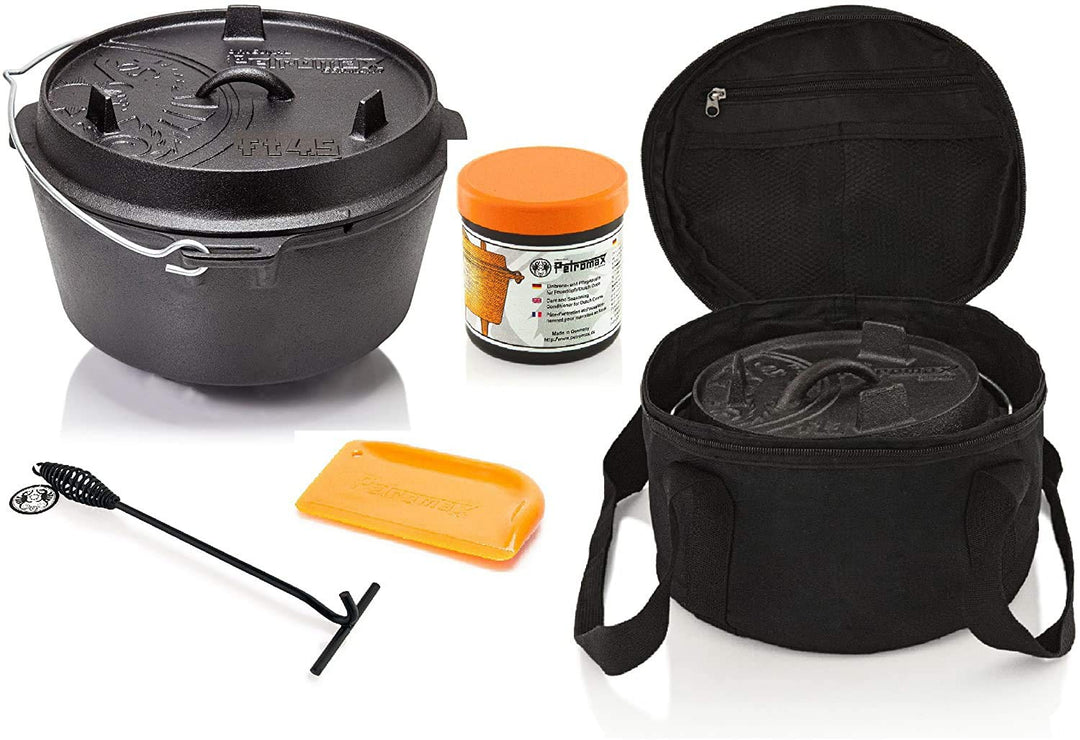 Petromax Feuertopf Starterset FT4.5-t (Dutch Oven Planer Boden) inkl. Deckelheber + Tasche + Pflegep