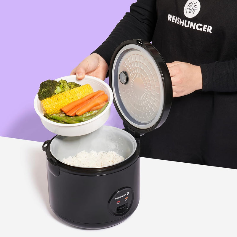 Reishunger Reiskocher & Dampfgarer mit Keramikbeschichtung, Schwarz - Für 1-6 Personen - Schnelle Zu
