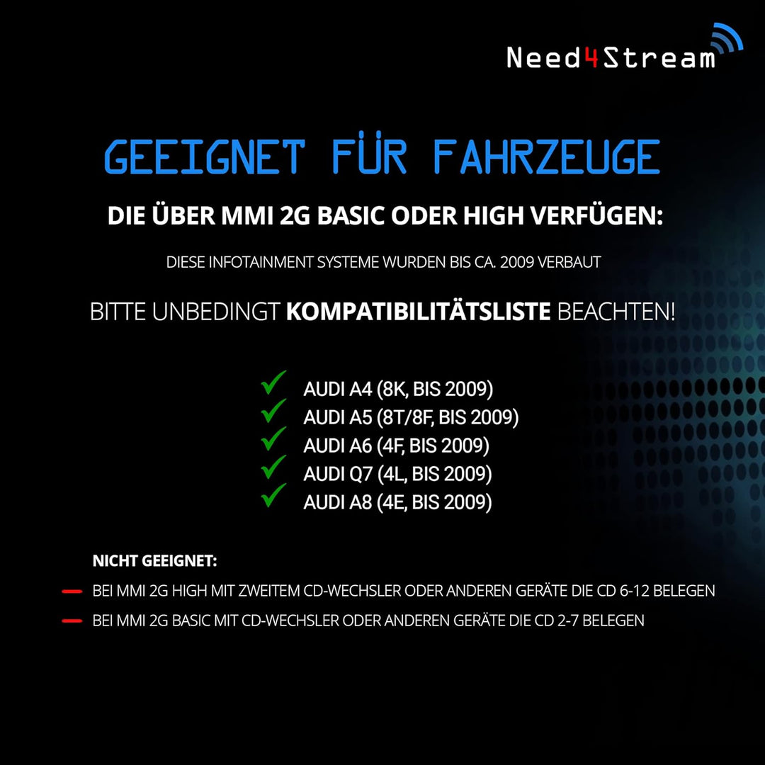 Need4Stream N4S73614 A2DP Bluetooth Audio Interface mit Titelanzeige für MMI 2G, kompatibel mit Audi