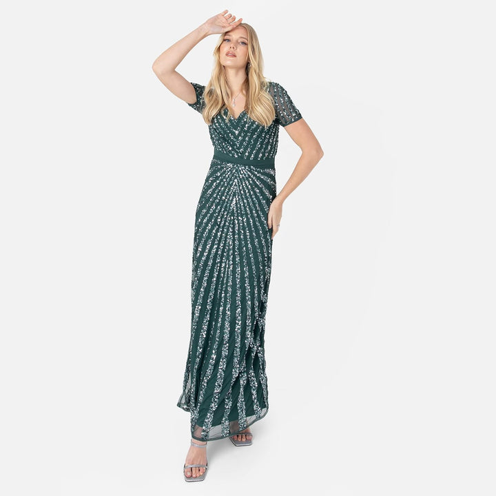 Maya Deluxe Damen Pailletten Maxi Abendkleid Elegant für Hochzeit V-Ausschnitt A-Linien-Schnitt Brau
