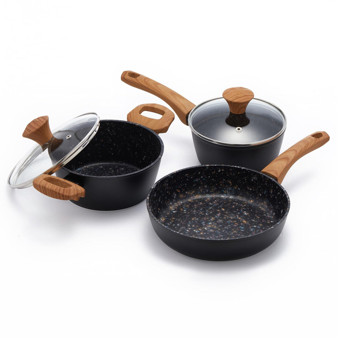 Topf & Pfanne Set grosse Bratpfanne - keramikbeschichteter Aluminiumholzgriff, alle Herdplatten (3,