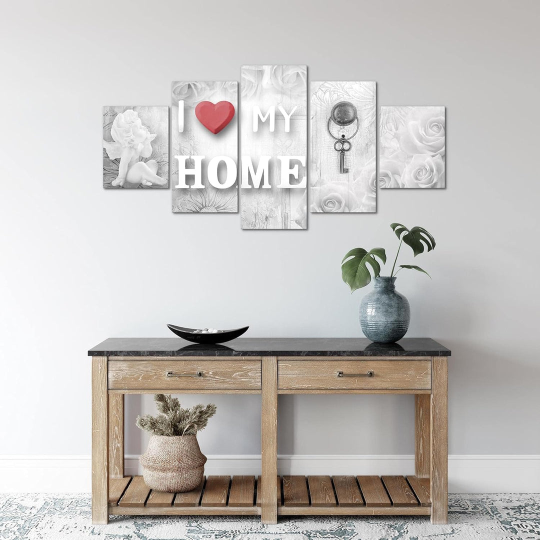 Runa Art Wandbilder Home Herz 5 Teilig Bild auf Vlies Leinwand Deko Wohnzimmer Engel Rot Grau 026252