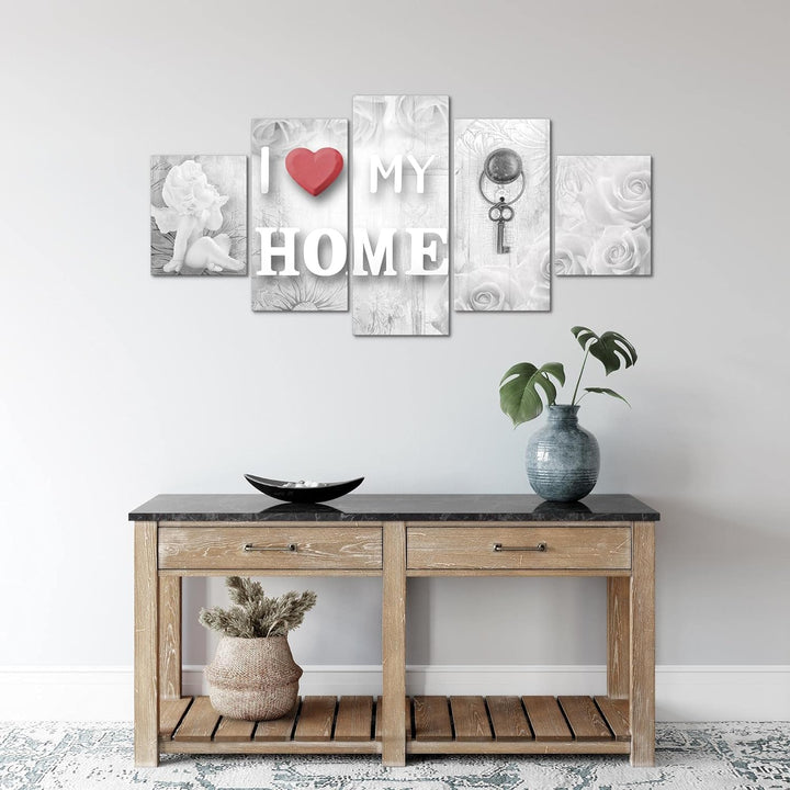 Runa Art Wandbilder Home Herz 5 Teilig Bild auf Vlies Leinwand Deko Wohnzimmer Engel Rot Grau 026252