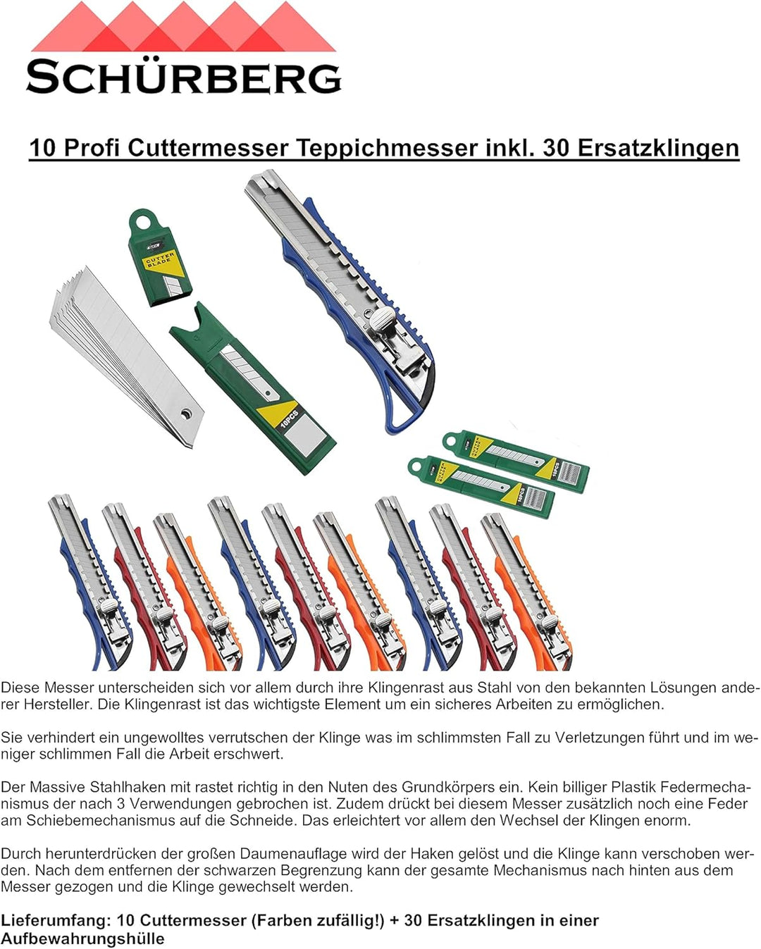 10 Profi Cuttermesser Teppichmesser inkl. 30 Ersatzklingen | 18mm Klinge | sicherer, stabiler Klinge