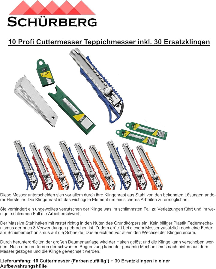 10 Profi Cuttermesser Teppichmesser inkl. 30 Ersatzklingen | 18mm Klinge | sicherer, stabiler Klinge