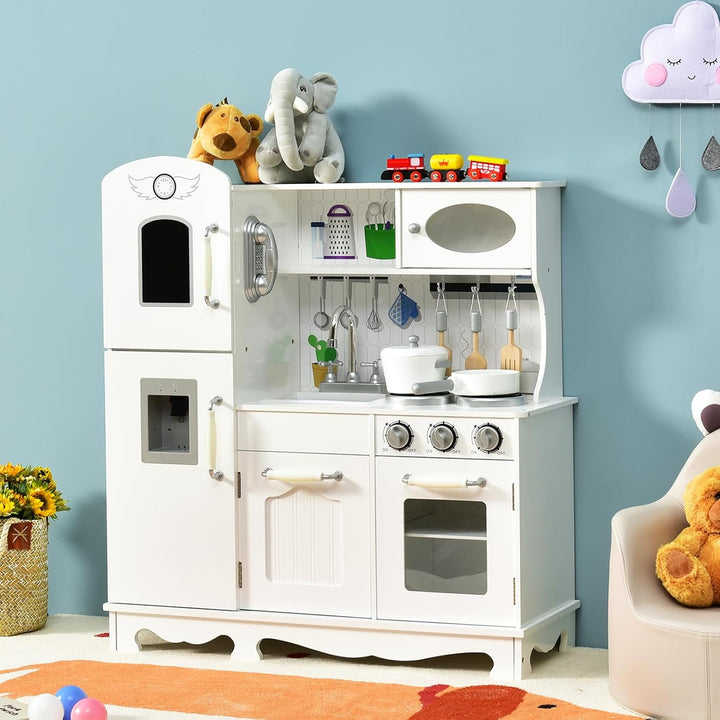 DREAMADE Kinderküche aus Holz mit Spielzubehör, Kinderspielküche mit Kühlschrank Spüle Herd Backofen