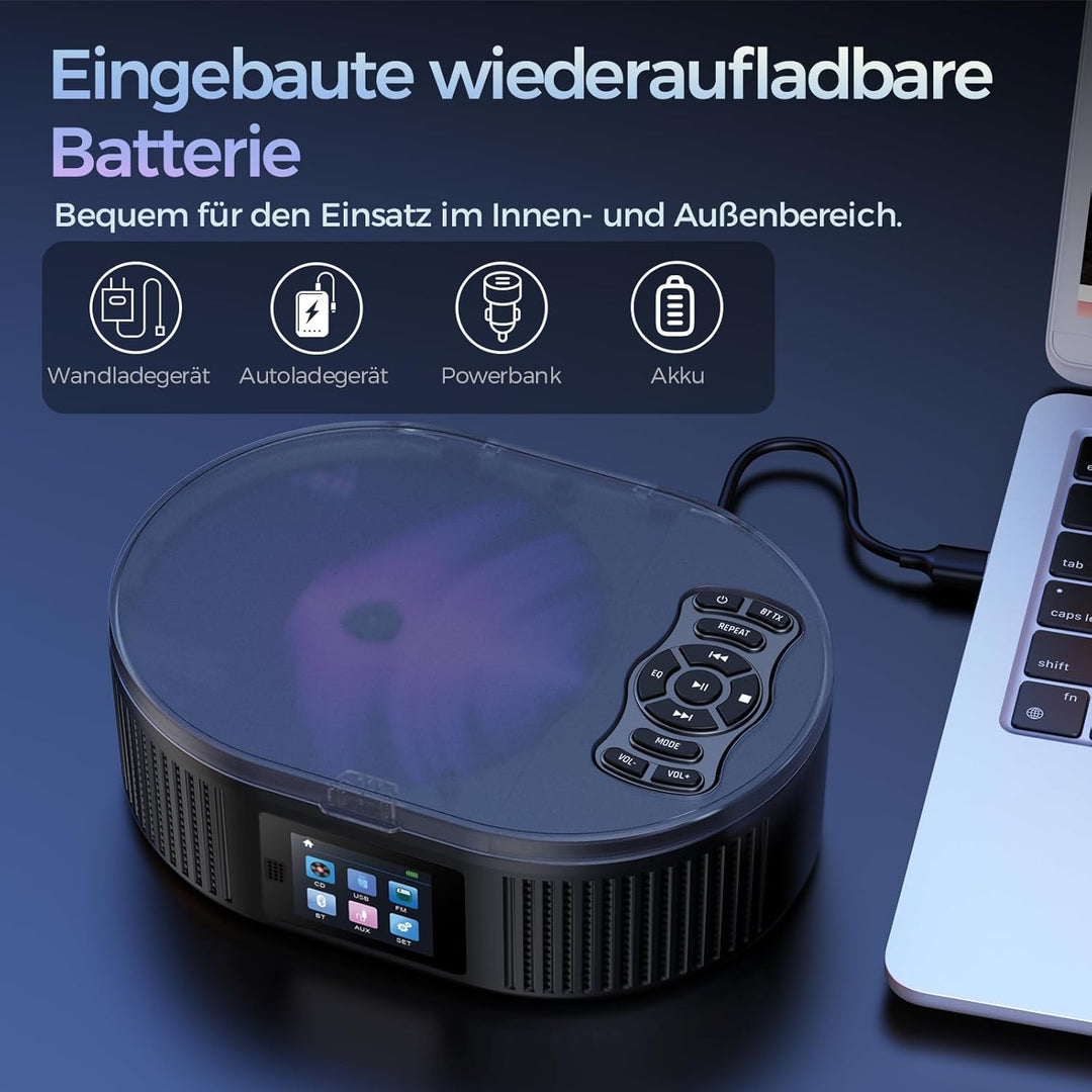 Desobry Tragbarer CD-Player mit Bluetooth, Grossem LCD-Display, Akku, Lautsprecher, AUX, USB, UKW-Ra