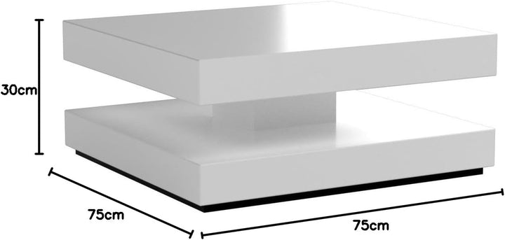 Robas Lund Couchtisch Wohnzimmertisch Weiss Hochglanz drehbar 360°, Hugo BxHxT 75 x 30 x 75 cm