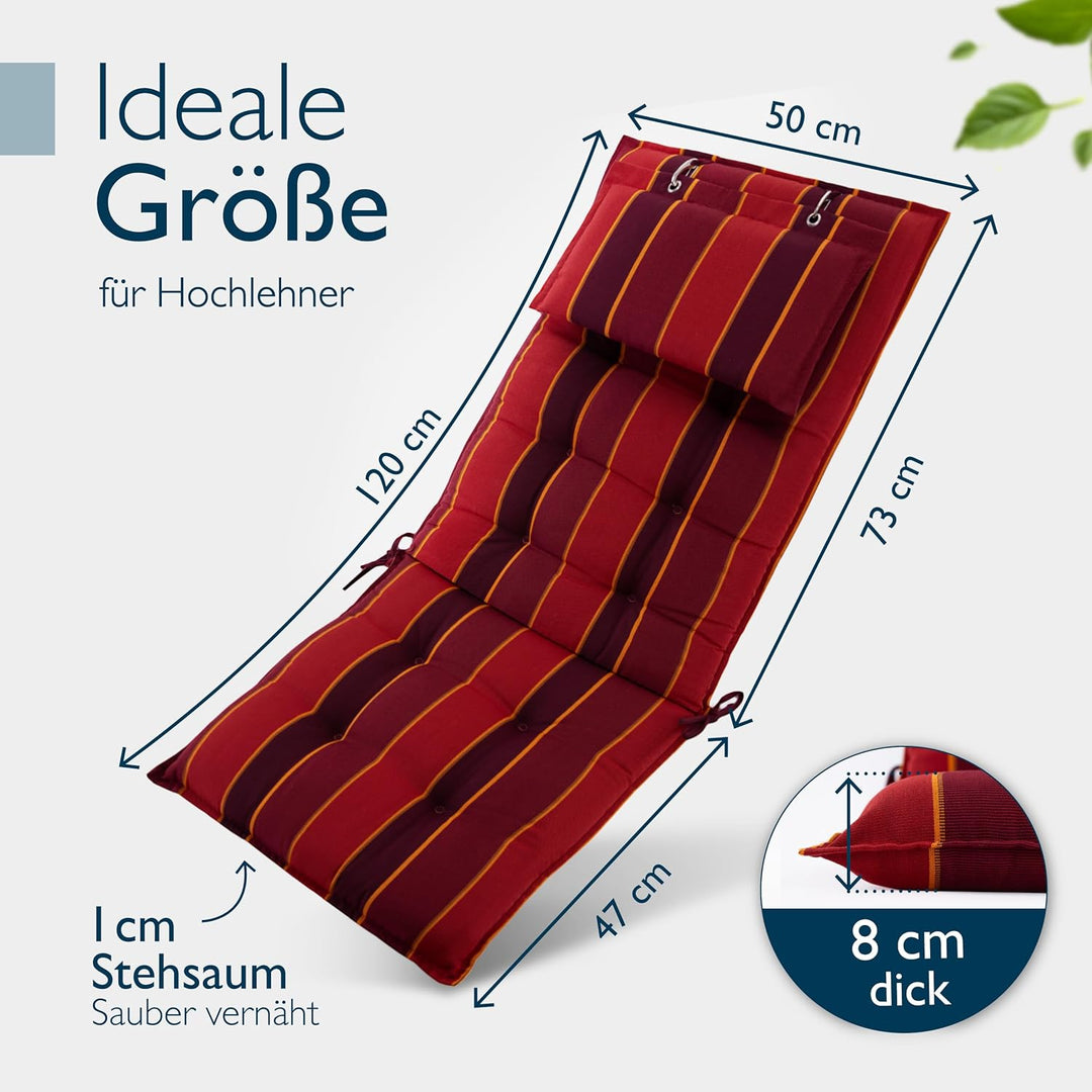 Beautissu 4er Set Premium Hochlehner Auflage mit Kopfpolster 120x50cm Sun-HL – 8cm Dick Polster Gart