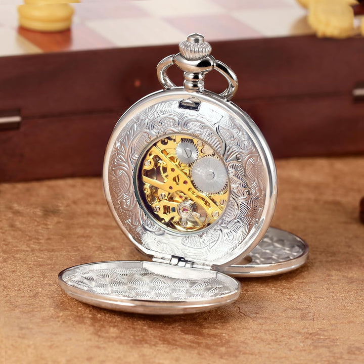 TREEWETO Unisex Taschenuhr mit Kette Analog Handaufzug Doppelscharnier Römische Ziffern Gold/Silber