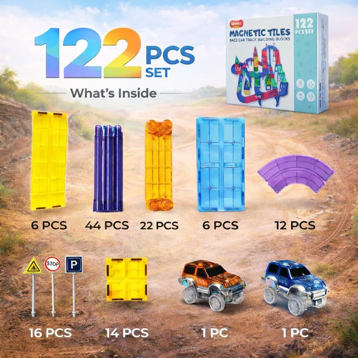 Wonder Toys 122 Stück Rennauto-Bausteine - Lernspielzeug - Magnetfliesen - Spielset 2 LKW - Lernbaus