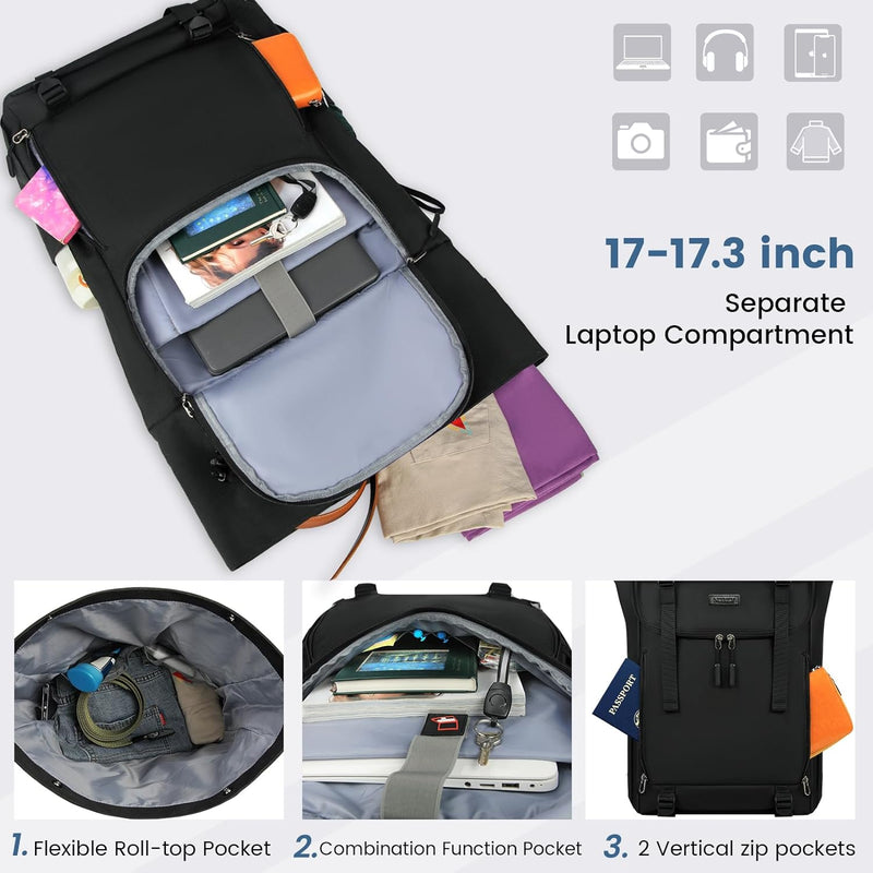 NEWHEY Rolltop Rucksack Herren Damen Wasserdicht Schulrucksack Laptop Rucksack 17,3 Zoll mit USB-Loc