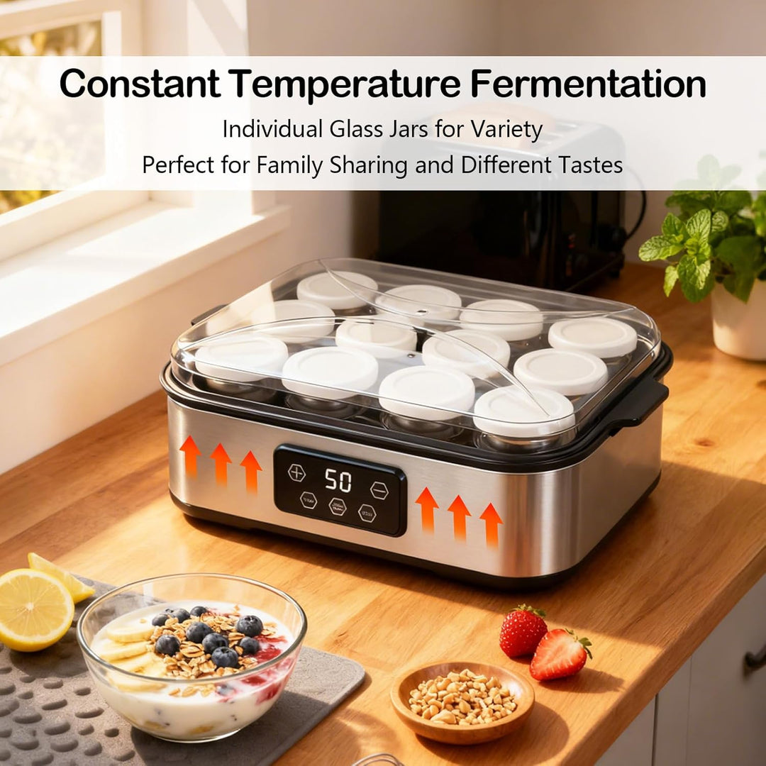 Joghurtbereiter 2200ml, Joghurt Machine mit 12 x 180ml Gläsern, Digitale Joghurtmaschine aus Edelsta