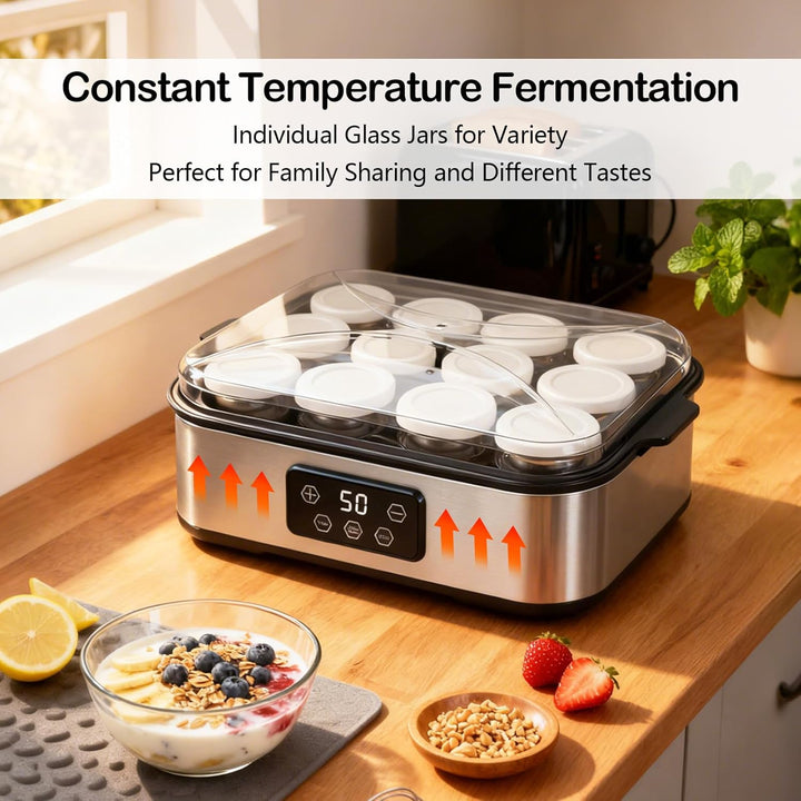 Joghurtbereiter 2200ml, Joghurt Machine mit 12 x 180ml Gläsern, Digitale Joghurtmaschine aus Edelsta