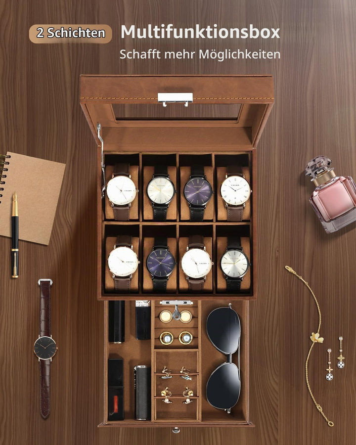 Uten Uhrenbox, 8 Fächern und 1 Schublade mit Schlüsselschloss, Glasdeckel, Braunes PU, Braunes Samtf