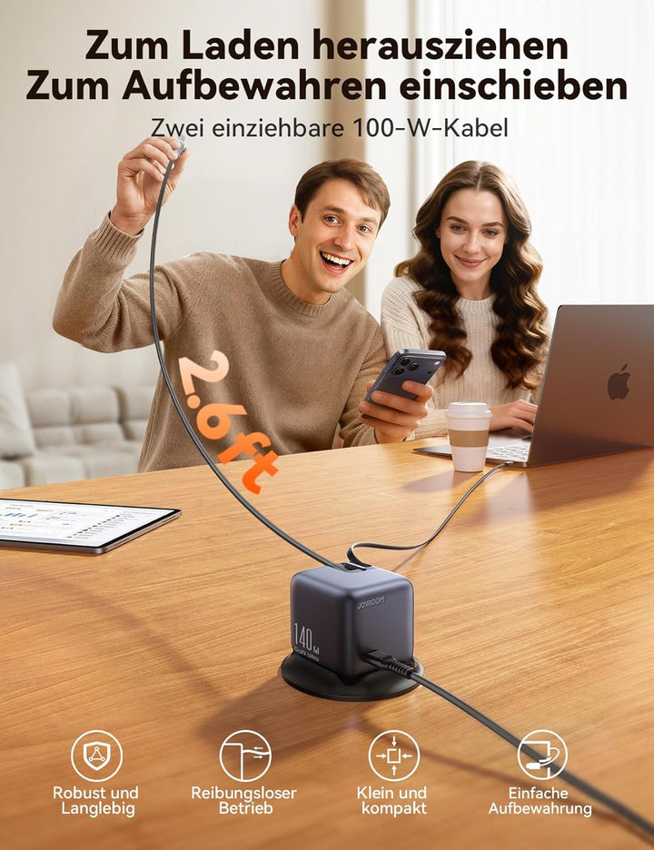 JOYROOM PODIX 140W 5‑in‑1 GaN Ultra Ladelstation, USB‑C Schnellladegerät mit 2 retraktablen 100W Kab