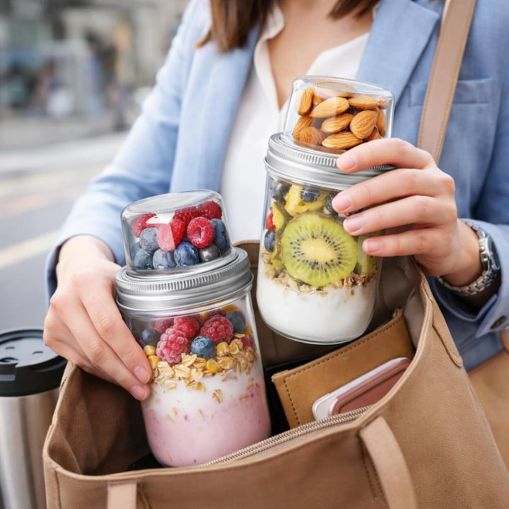 Doppelschicht Glas Salatglas mit Deckel, Trocken- und Nassgetrennt, Frühstücksbecher für Joghurt Müs