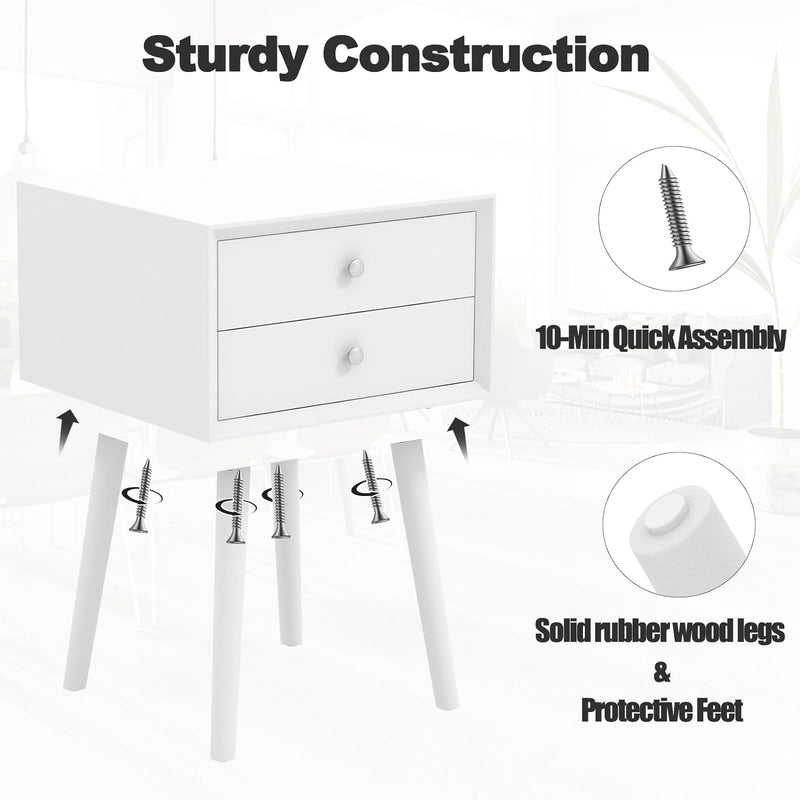 KOMFOTTEU Nachttisch mit Beinen aus Massivholz, Nachtschrank mit 2 Schubladen, skandinavisches Beist