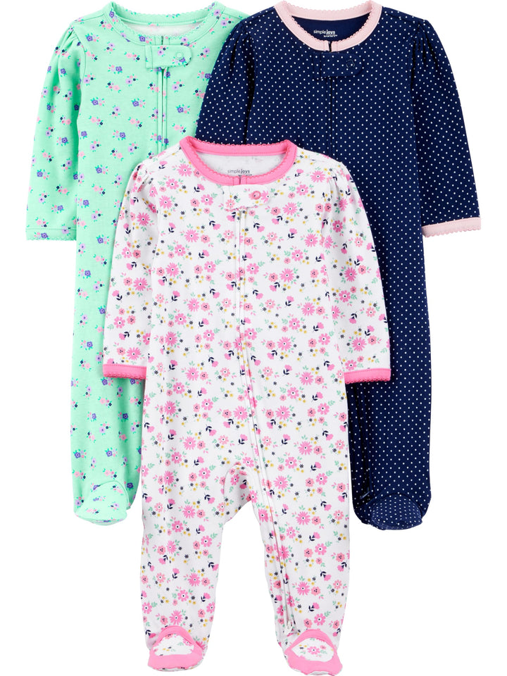 Simple Joys by Carter's Baby-Mädchen Sleepers (3er Pack) Frühchen Marineblau Punkte/Minzgrün Floral/