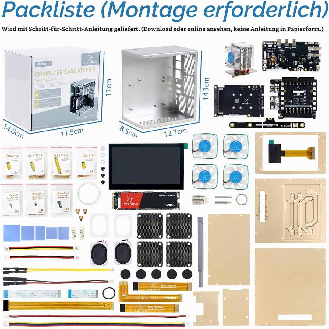 FREENOVE Raspberry Pi 5 Case Kit Pro (with 1x 128GB SSD), Dual M.2 NVMe SSD Slots, 5 PWM ARGB Fans L