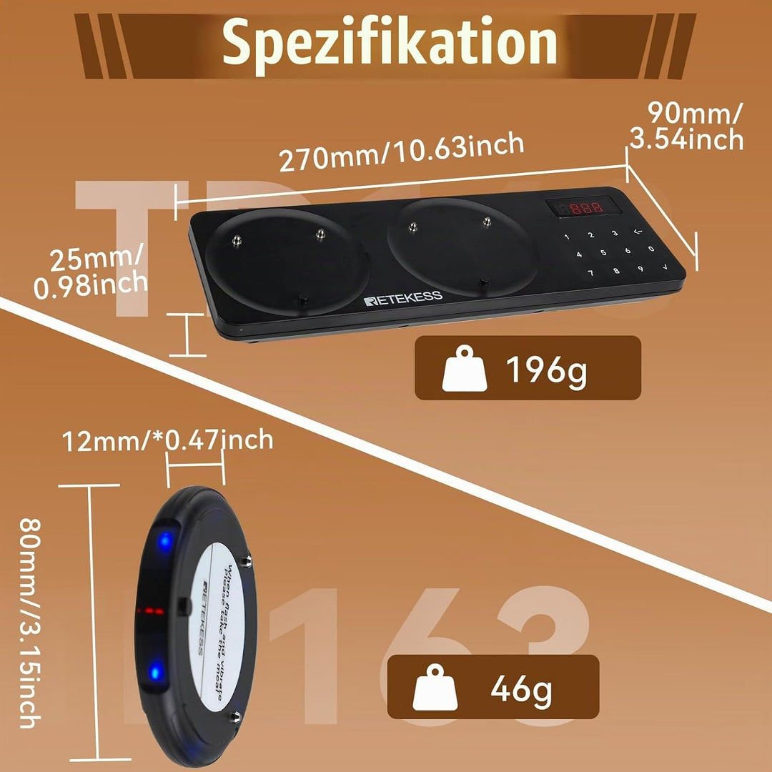 Retekess TD163 Restaurant Pager System, Pager Rufsystem, 20 Pager, 500M, Schwarz, Blaue LED-Anzeigel