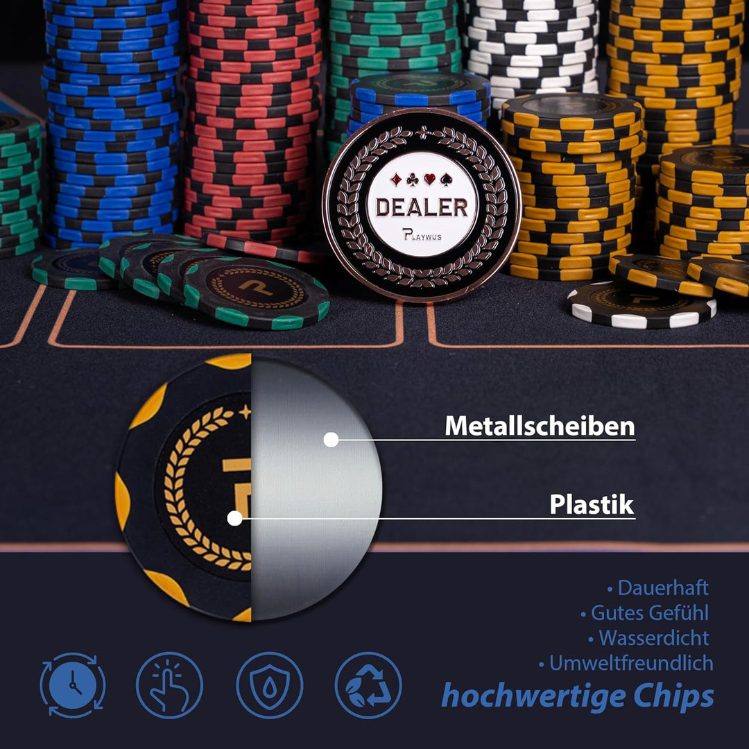 Pokerset inkl. 2X Pokerdecks, 5X Würfel, Dealer/Small Blind/Big Blind Button, Pokerspiel Alu Pokerko