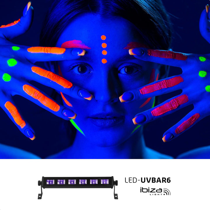 Ibiza - LED-UV-BAR6 - UV-Lampe, Fluoreszenz-Effekt, Schwarzlicht-Effekt mit 6 LEDs zu je 3 W - Schwa