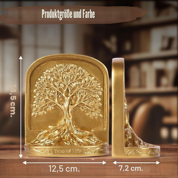 Buchstützen-Set, Baum des Lebens, goldfarben, 2 dekorative Buchstützen für Regale oder Bücherregal,