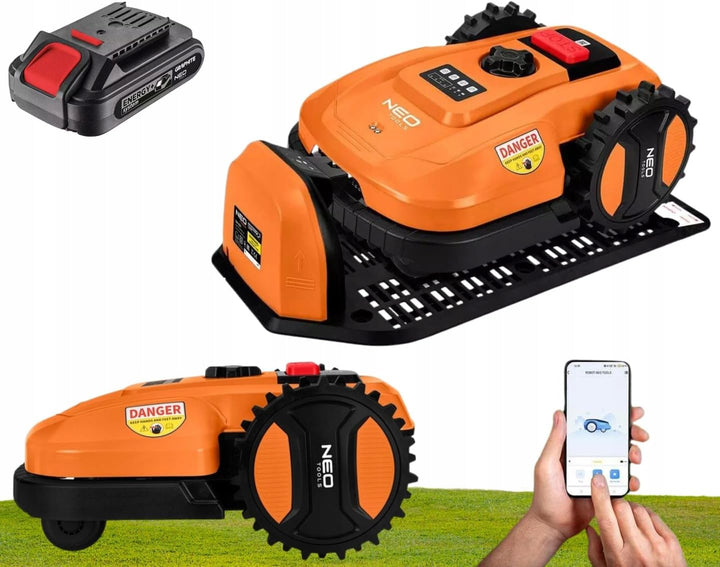 NEO TOOLS Mähroboter mit Austauschbarem Akku (2 Ah-Akku Enthalten) für Gärten bis 600 m2 - Steuerung