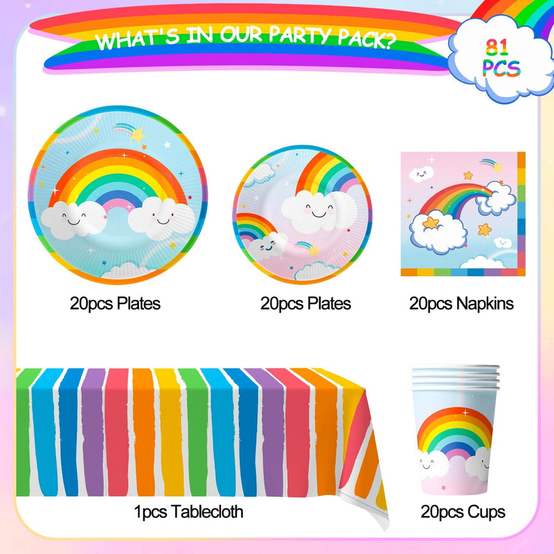 Rainbow Partygeschirr,141pcs Partygeschirr Regenbogen Set, Regenbogen Pappteller & Regenbogen Tischd