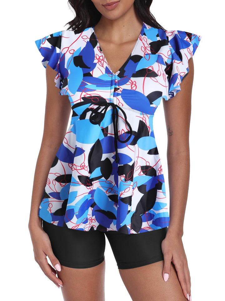 Ecupper Damen Zweiteilig Badeanzug Push up Tankini Set mit Badeshorts Bademode S Blau, S Blau