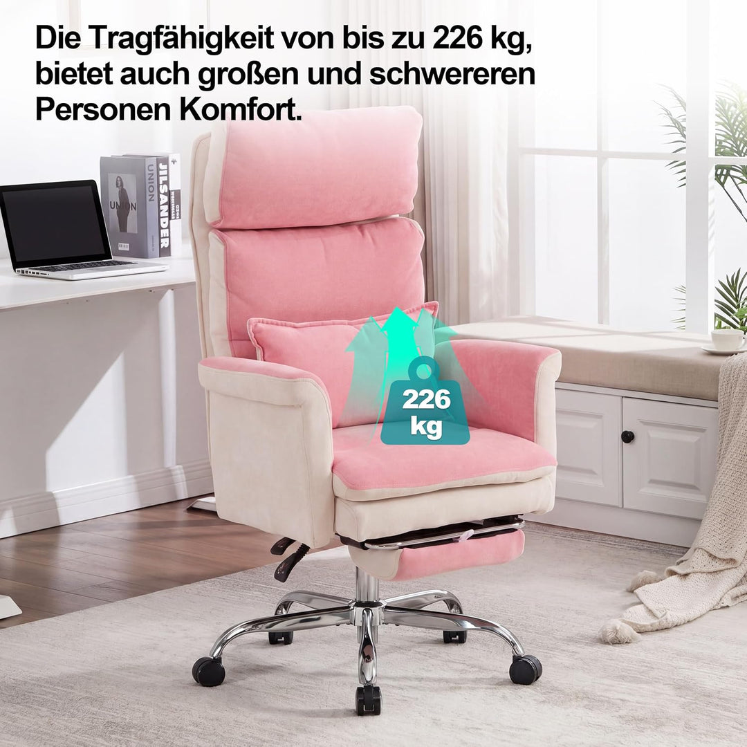 UEV Bürostuhl Ergonomisch mit Fussstütze bis 226kg,Drehstuhl,Rosa | klappbare Armlehnen,Dicker Sitzp