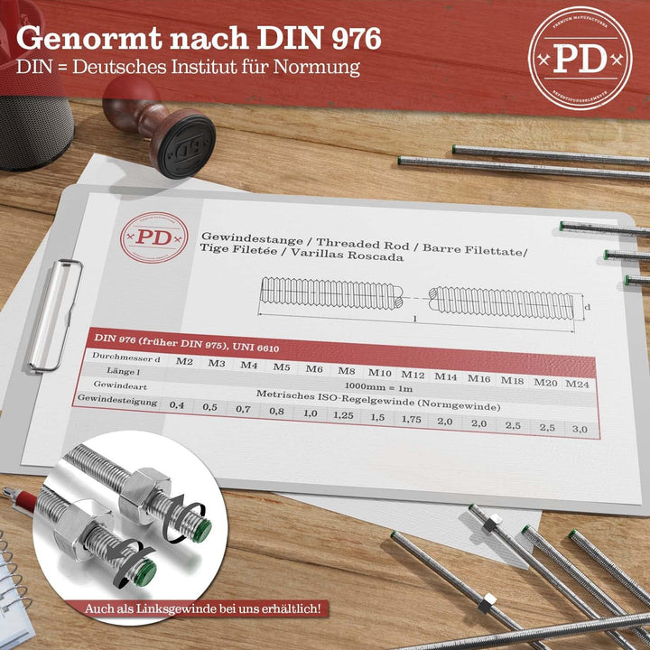 PD® Gewindestangen M16 Edelstahl A2 V2A (DIN 976 / DIN 975) | 1 Meter Gewindestab mit Regelgewinde |