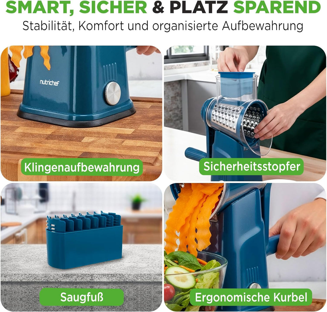 NutriChef Trommelreibe - mit Kurbel - Käsereibe inkl. 5 Trommelblättern - Ideal für Käse Gurken Karo