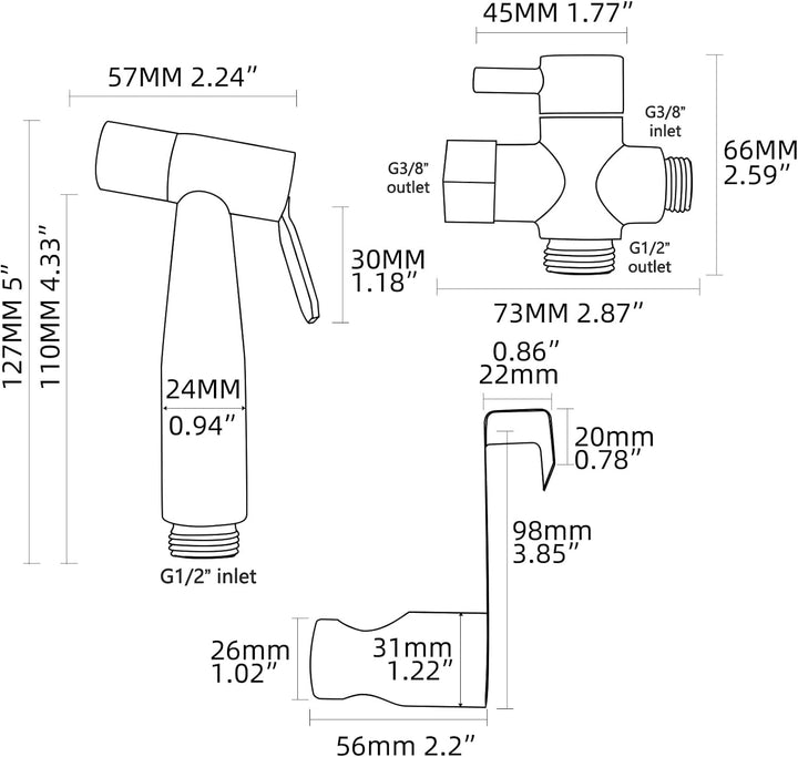 Tecmolog Bidet Sprayer Set Edelstahl Bidet Handbrause mit 3-Wege Umschaltventil 3/8"-12/17 und Dusch