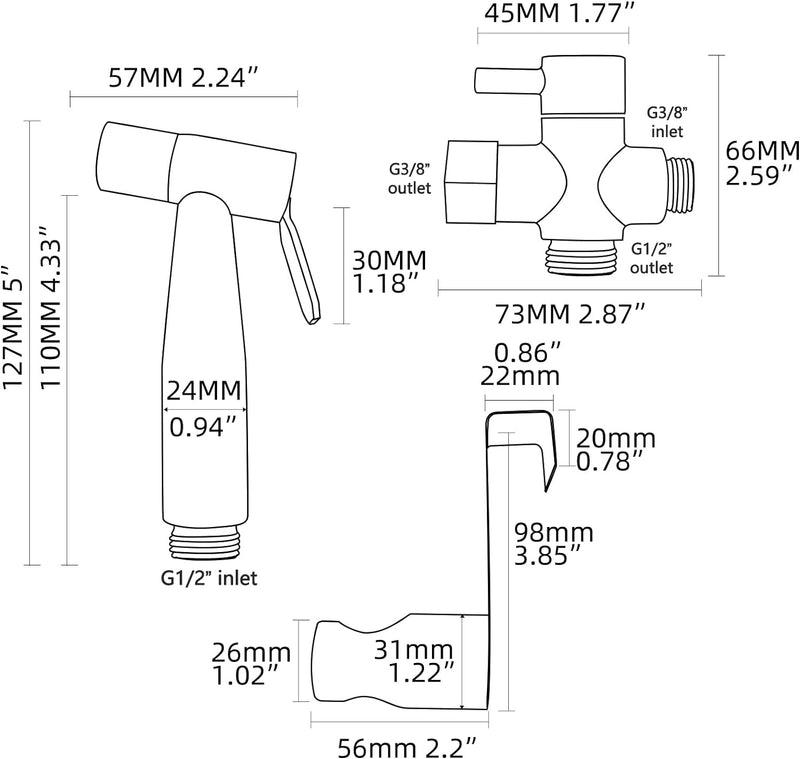 Tecmolog Bidet Handbrause Edelstahl Bidet Sprayer Set mit 3-Wege Umschaltventil 3/8"-12/17 und Dusch