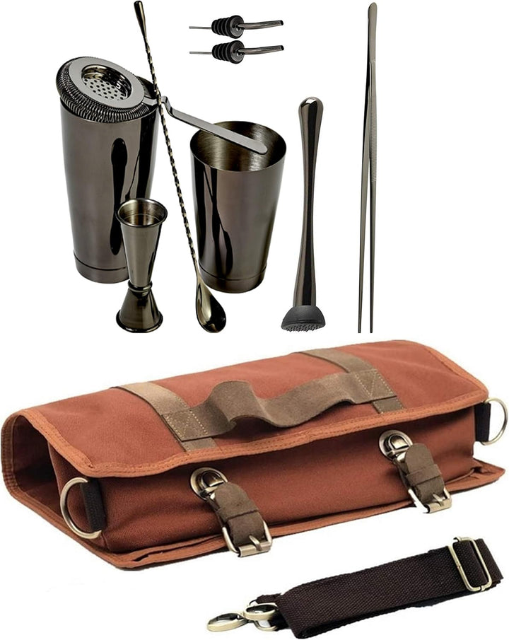 Cocktail Barman Canvas Set Tasche Barman Mixologie (Schwarz Gun Metall) (4 Farben erhältlich), Schwa
