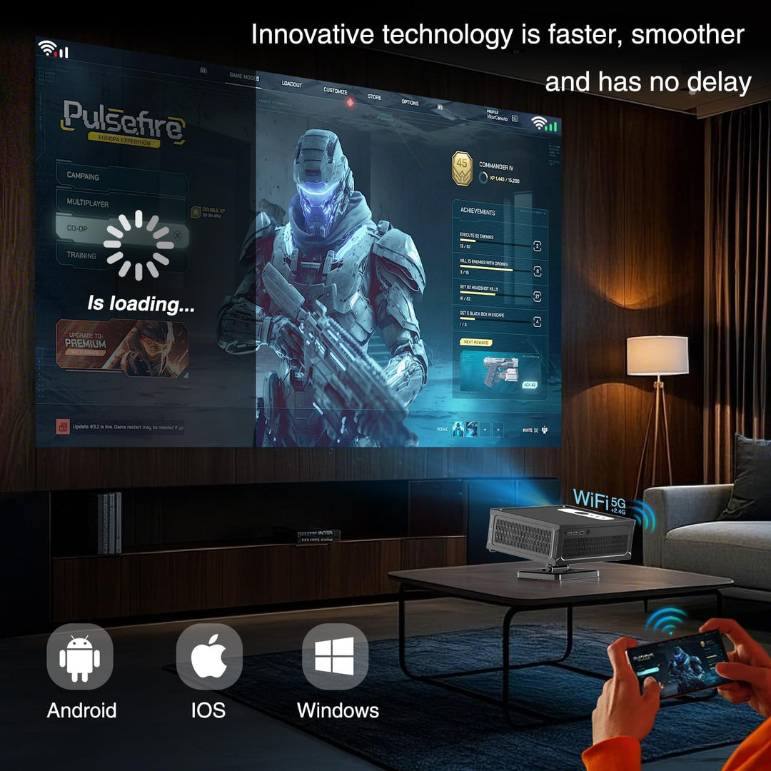 Smart Beamer Full HD 1080P Unterstützt 4K, Projektor 4K mit WiFi 6 BT 5.0 und 360° Abnehmbarer Ständ