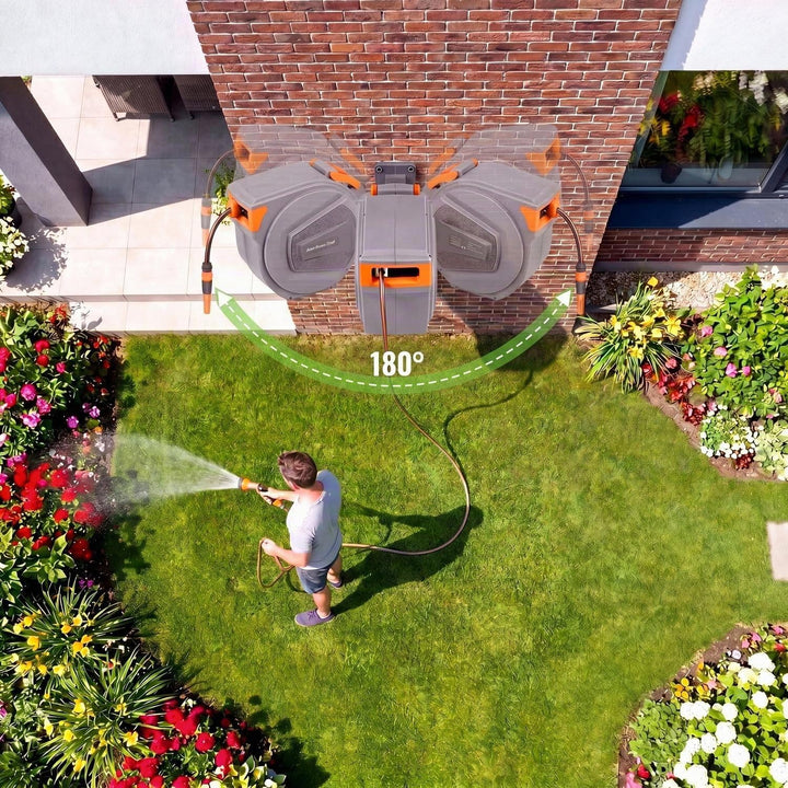 Schlauchtrommel mit Gartenschlauch 20m, Schlauchaufroller zur Wandmontage, 180° Schwenkbar &amp; Automat