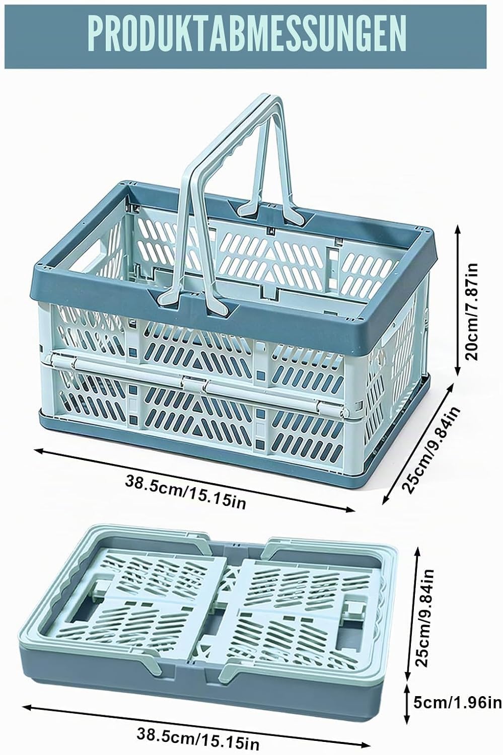 Klappkorb Faltbar, 2er Set Klappbox Klein mit Henkel 19 L Blau, Multifunktionaler Aufbewahrungskorb