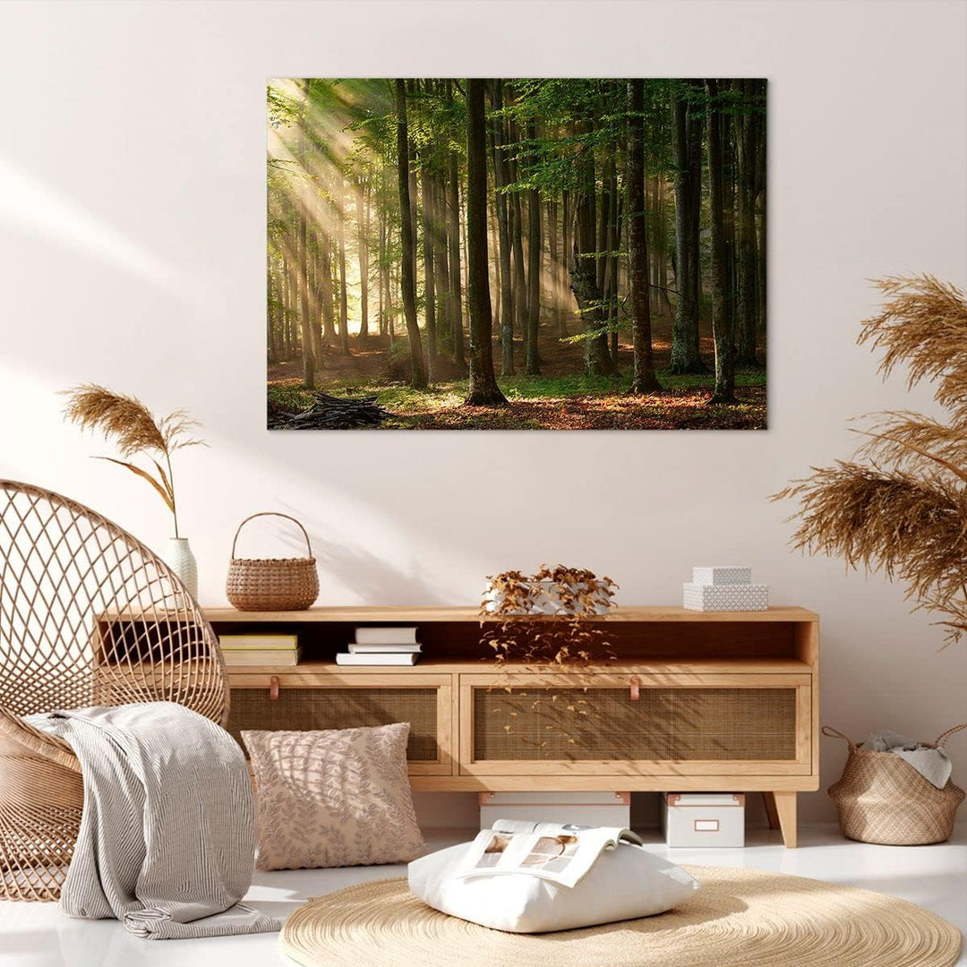 Bilder auf Leinwand 100x70cm Leinwandbild mit Rahmen Wald Baum Natur Gross Wanddeko Bild Schlafzimme